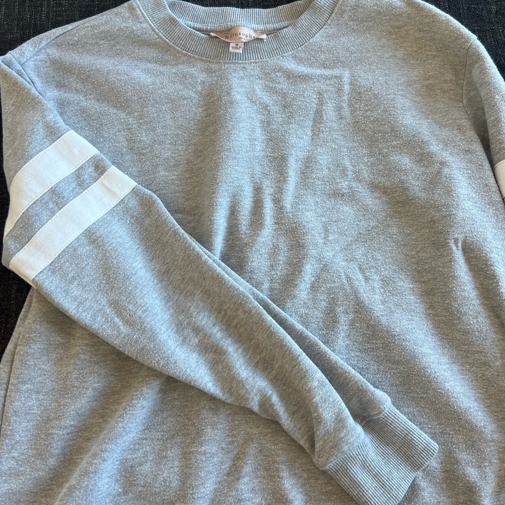 Philosophy Gray and White Crew Neck Sweater with Stripe Accents